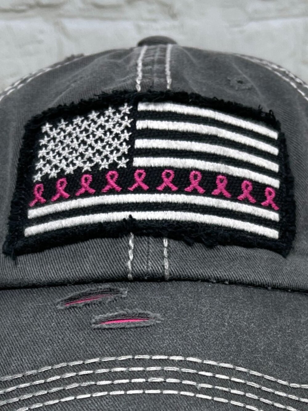 NEW BREAST CANCER AWARENESS AMERICAN FLAG VINTAGE DISTRESSED VELCRO BACK HAT - Picture 9 of 10